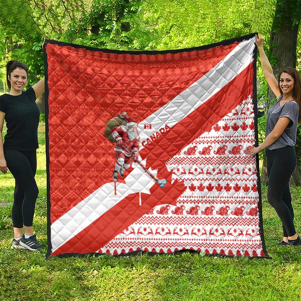 Canada Christmas Quilt with Santa Playing Hockey Maple Leaf Flag and Red White Knit Pattern Design - Wonder Print Shop
