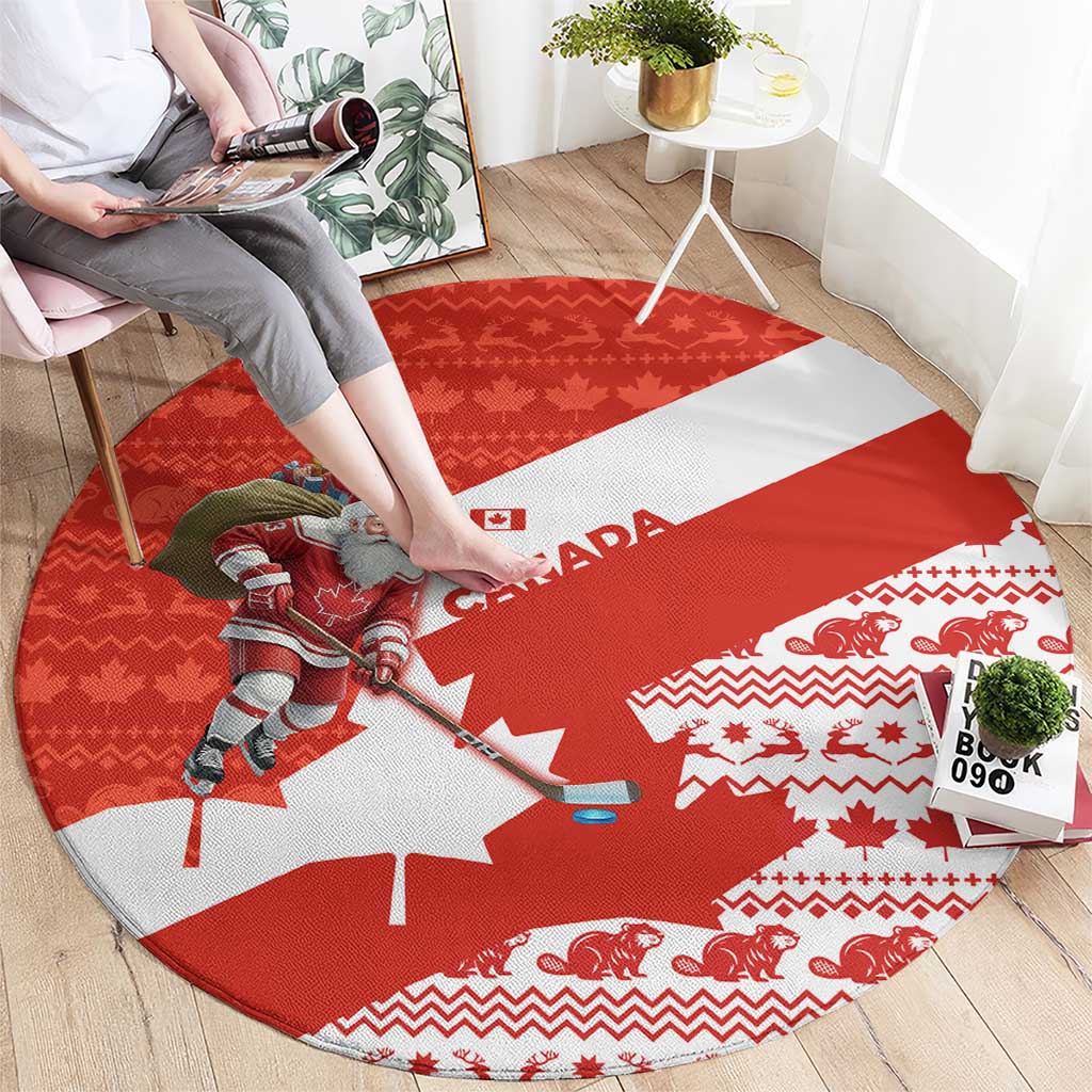 Canada Christmas Round Carpet with Santa Playing Hockey Maple Leaf Flag and Red White Knit Pattern Design - Wonder Print Shop