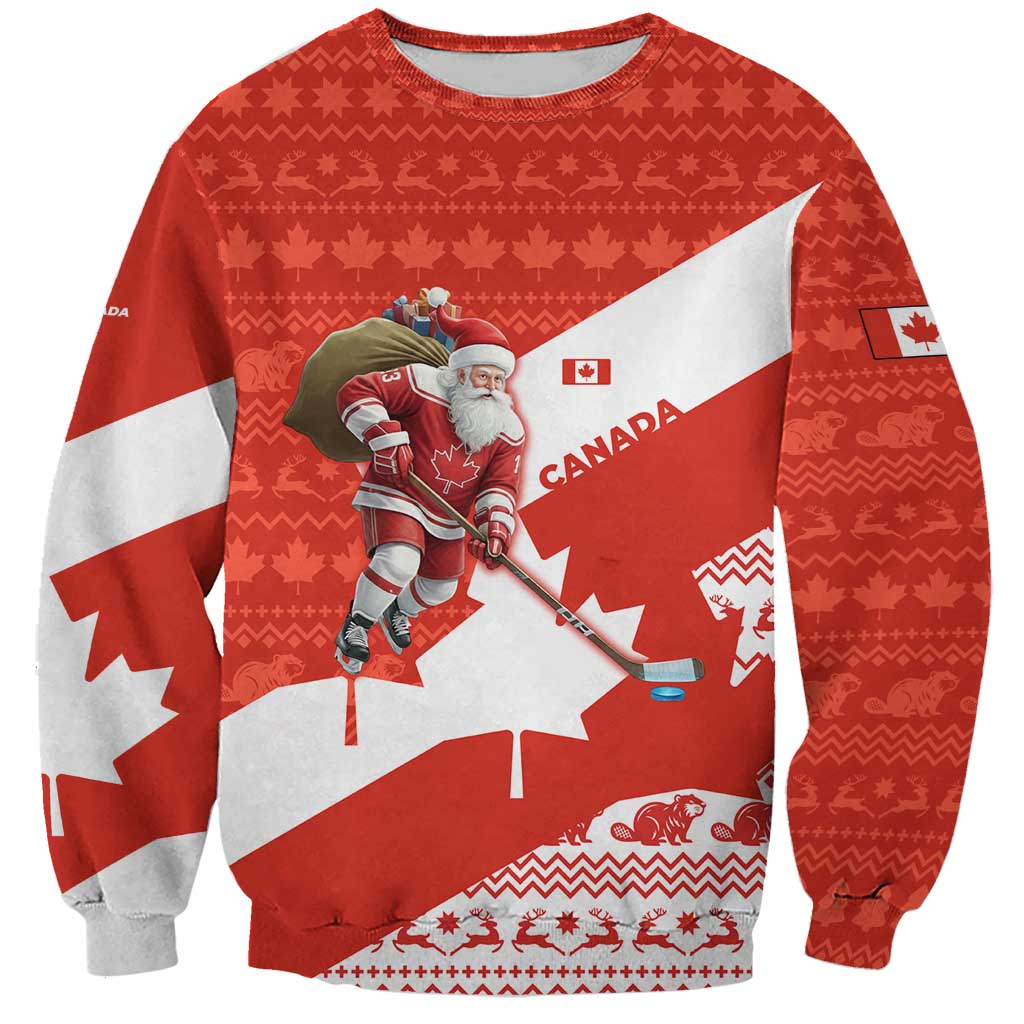 Canada Christmas Sweatshirt with Santa Playing Hockey Maple Leaf Flag and Red White Knit Pattern Design - Wonder Print Shop