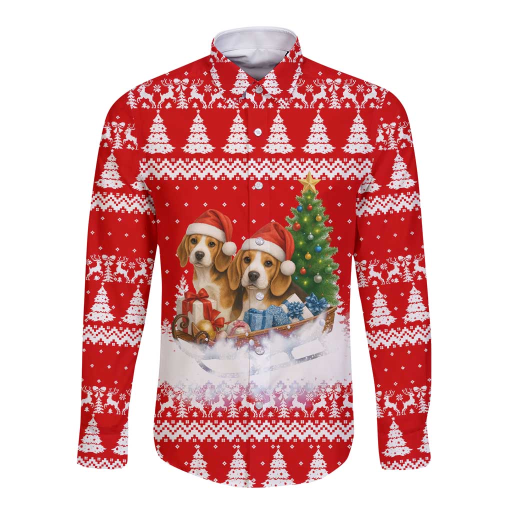 Beagle Dashing Dog Christmas Long Sleeve Button Shirt Xmas Holiday Patterns - Wonder Print Shop