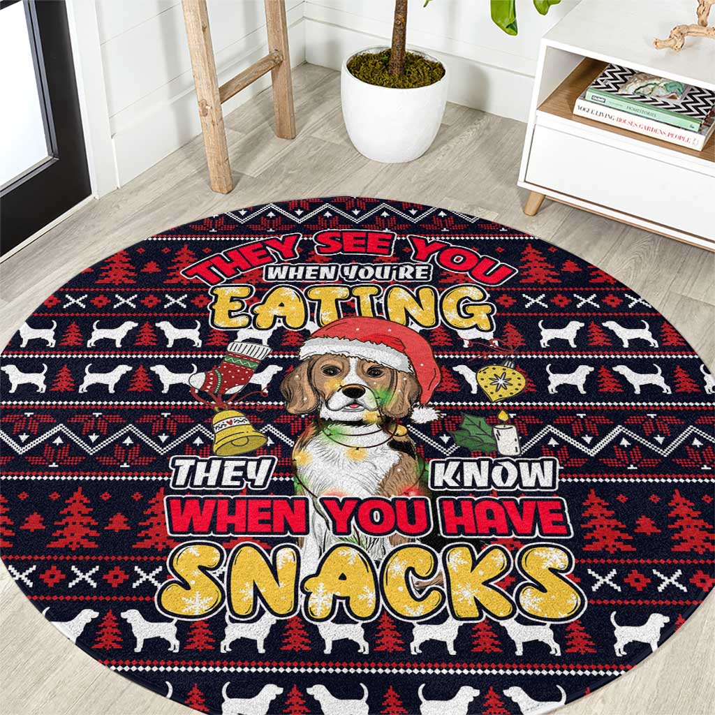 Beagle Dog They Know When You Have Snacks Christmas Round Carpet Xmas Holiday Patterns - Wonder Print Shop