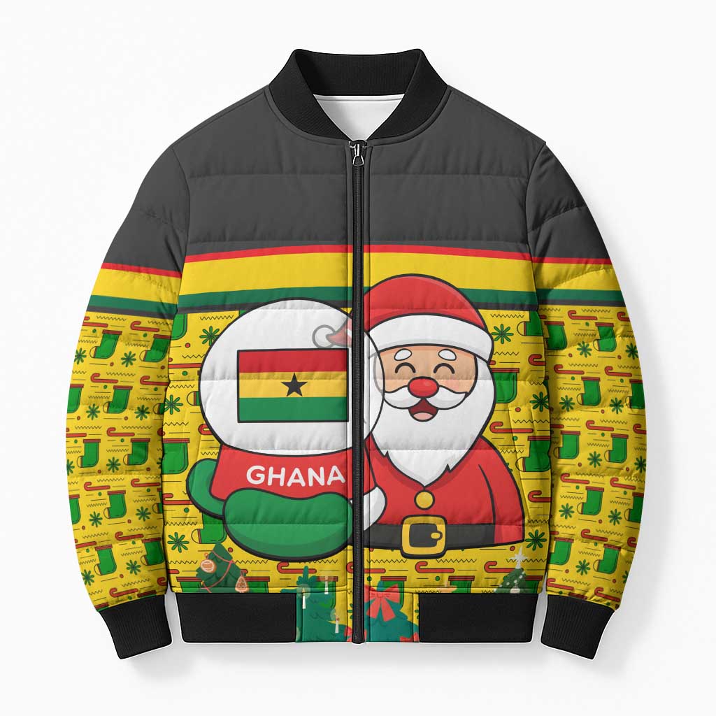 Ghana Christmas Bomber Puffer Jacket with Santa Ornament National Coat of Arms and Festive - Wonder Print Shop