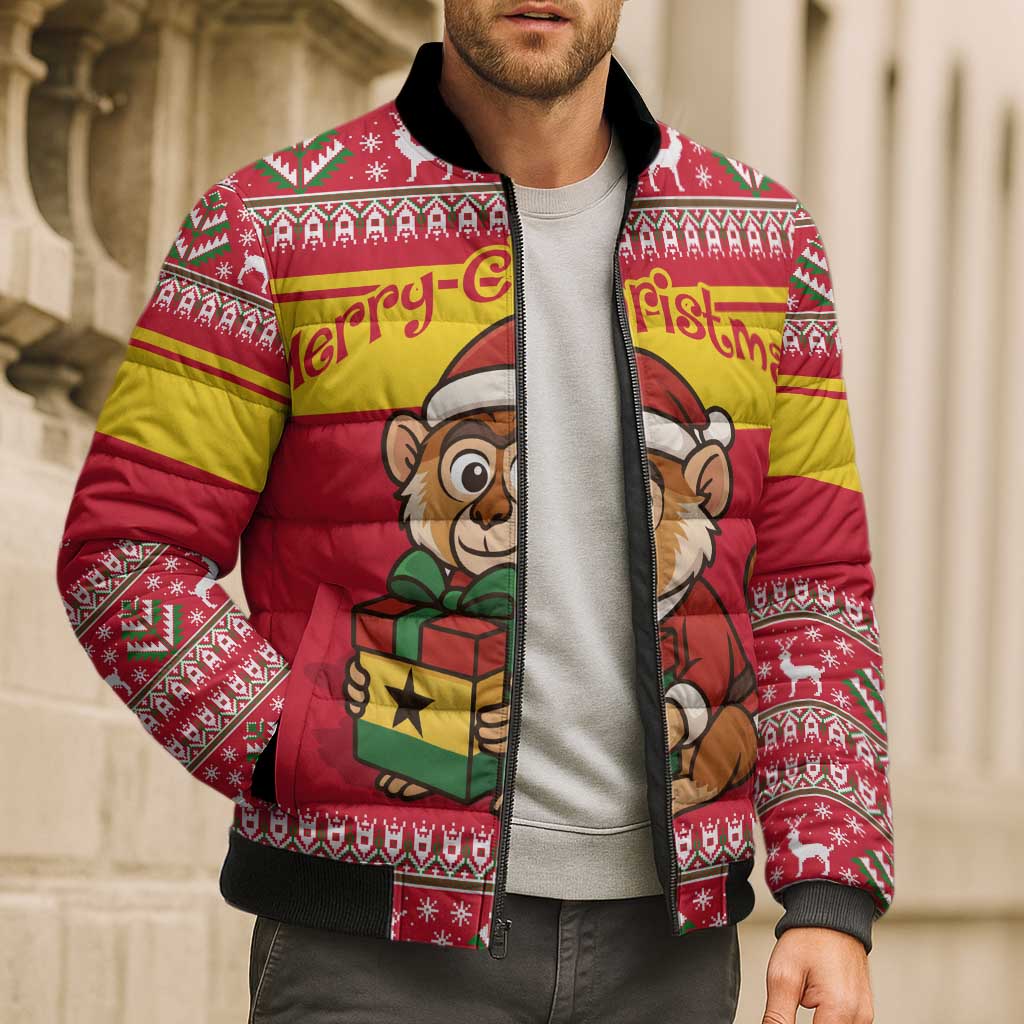 Ghana Christmas Bomber Puffer Jacket with Monkey Holding Gift Ghana Map and Festive - Wonder Print Shop