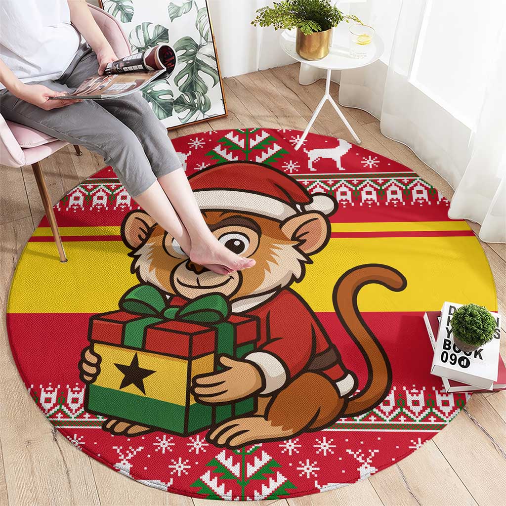 Ghana Christmas Round Carpet with Monkey Holding Gift Ghana Map and Festive - Wonder Print Shop