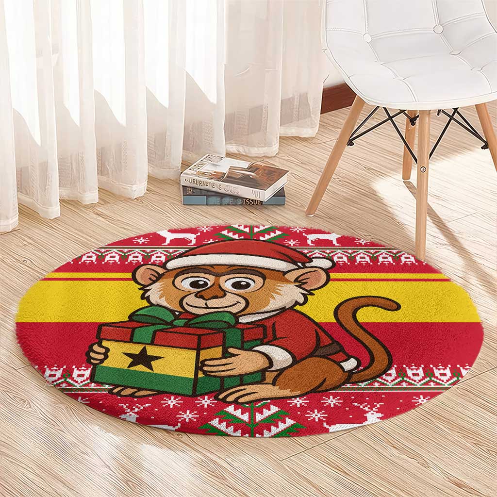 Ghana Christmas Round Carpet with Monkey Holding Gift Ghana Map and Festive - Wonder Print Shop