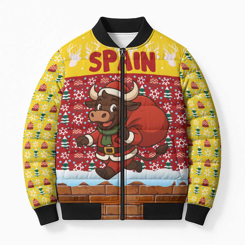 Spain Christmas Bomber Puffer Jacket with Santa Bull Brick Chimney Wreath and Festive Holiday - Wonder Print Shop