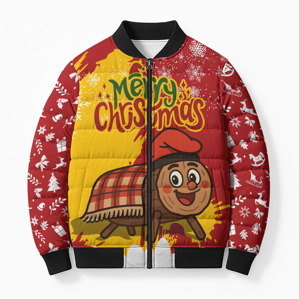 Spain Christmas Bomber Puffer Jacket with Tio de Nadal Log Snowflakes Spanish Flag and Holiday Wreath - Wonder Print Shop
