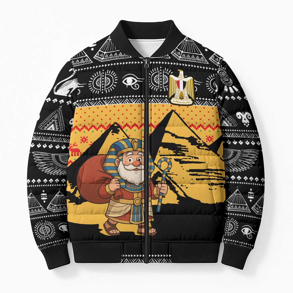 Egypt Christmas Bomber Puffer Jacket with Pharaoh Santa Pyramids Eye of Horus and Ancient Egyptian - Wonder Print Shop