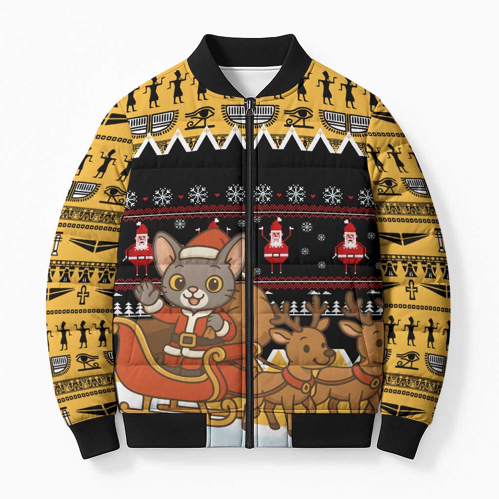 Egypt Christmas Bomber Puffer Jacket with Santa Cat Sleigh Reindeer Christmas Tree and Ancient Hieroglyphic - Wonder Print Shop