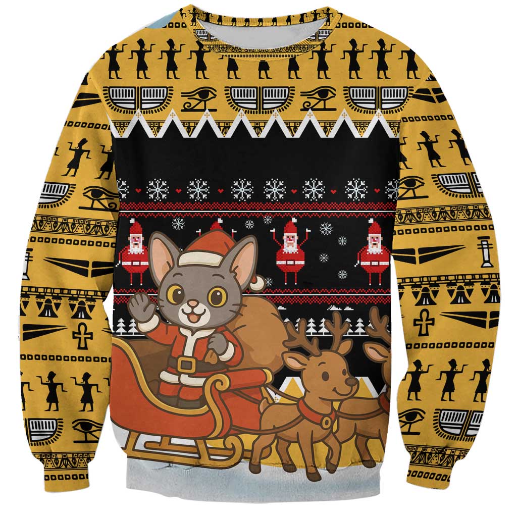 Egypt Christmas Sweatshirt with Santa Cat Sleigh Reindeer Christmas Tree and Ancient Hieroglyphic - Wonder Print Shop