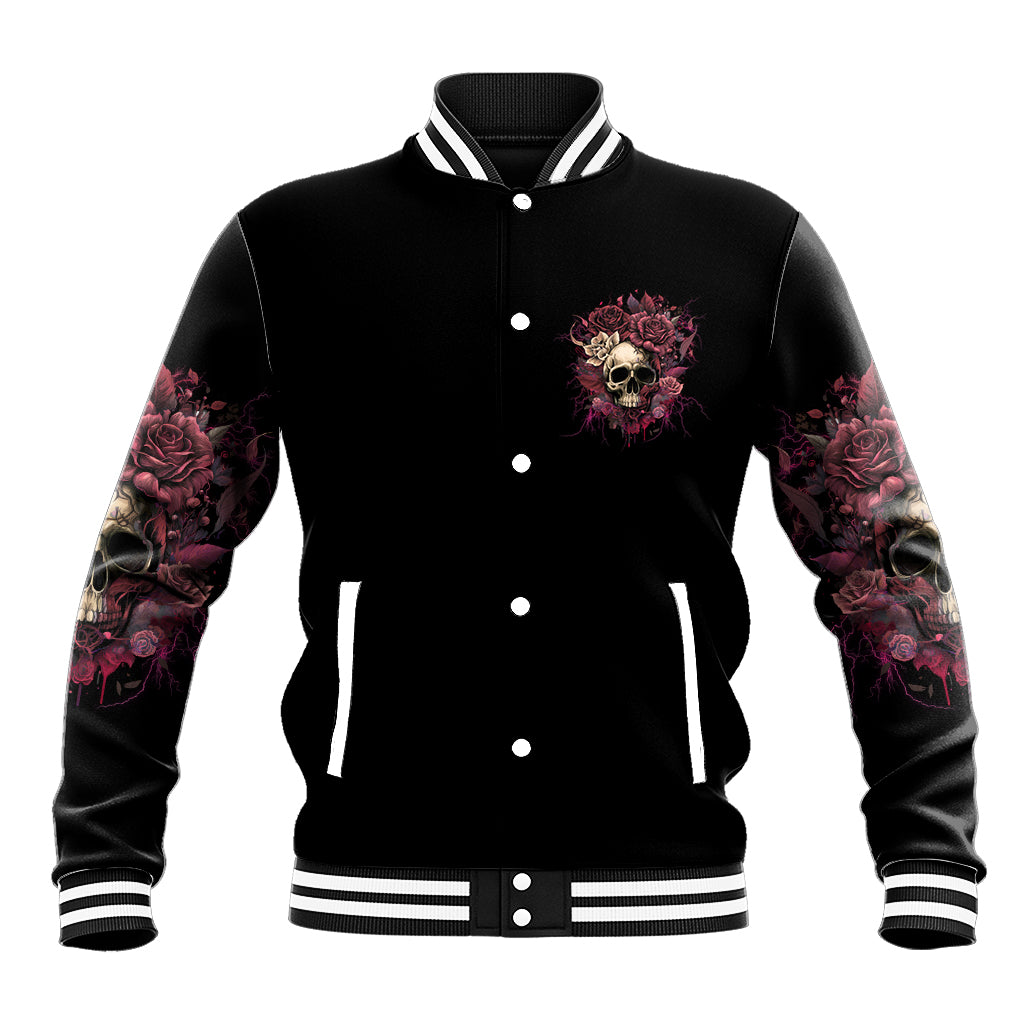 Black varsity baseball jacket with button front, rose-and-skull chest patch