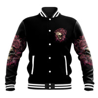 Black varsity baseball jacket with button front, rose-and-skull chest patch