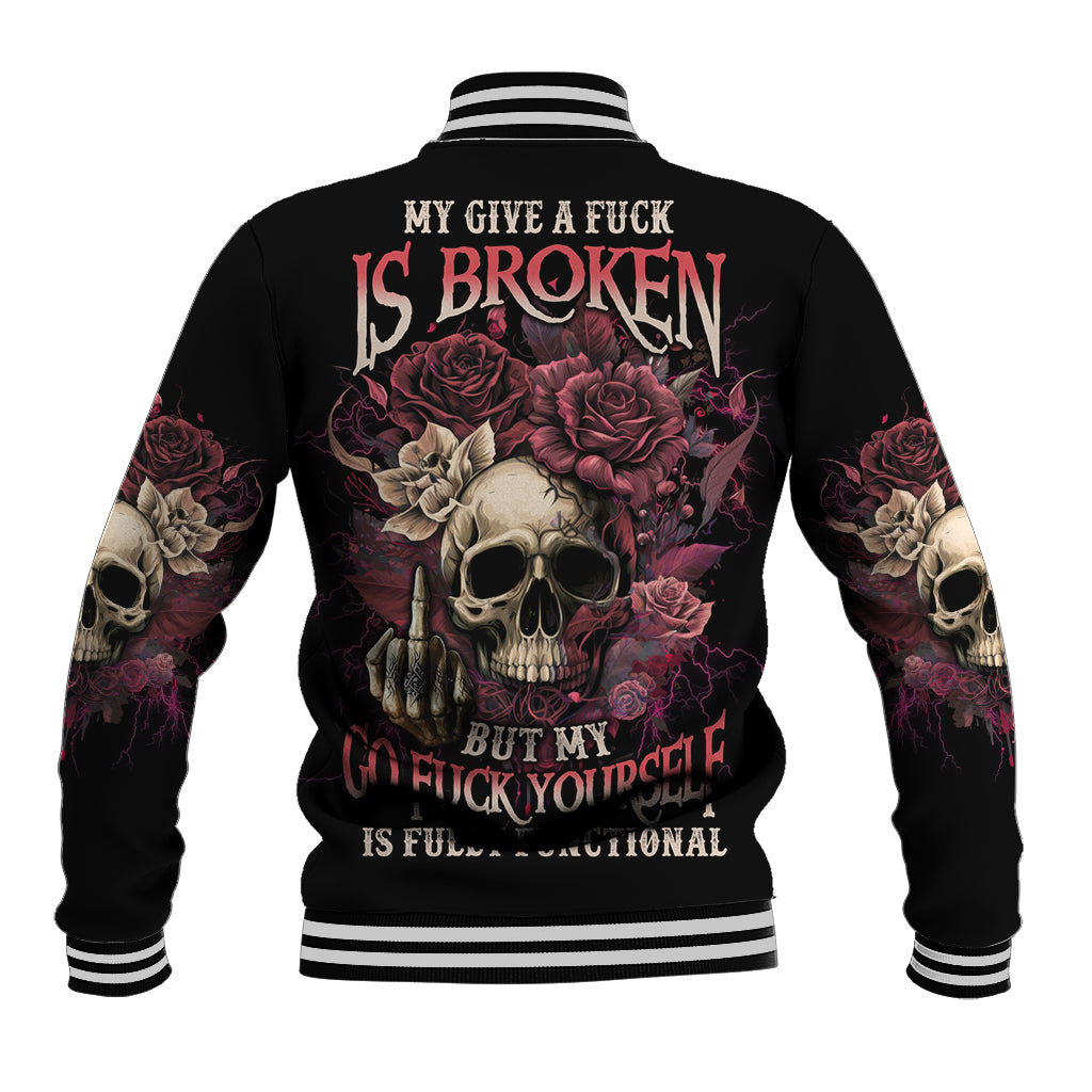 Black baseball jacket with striped collar, roses and skull graphic on back