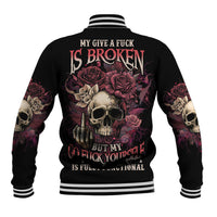 Black baseball jacket with striped collar, roses and skull graphic on back