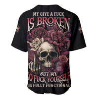 Black baseball jersey with large back skull and rose graphic, buttoned V-neck