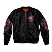 Black unisex bomber jacket with front zipper and skull-rose artwork sleeves