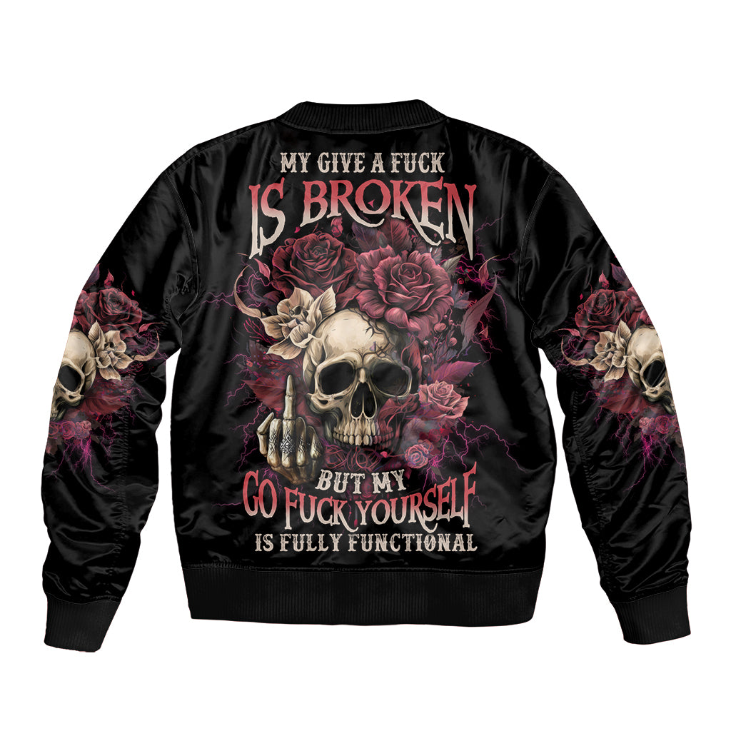 Black bomber jacket with large skull and rose graphic on the back