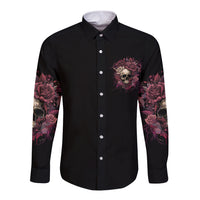 Black long-sleeve button shirt with chest rose-skull print and floral sleeve details