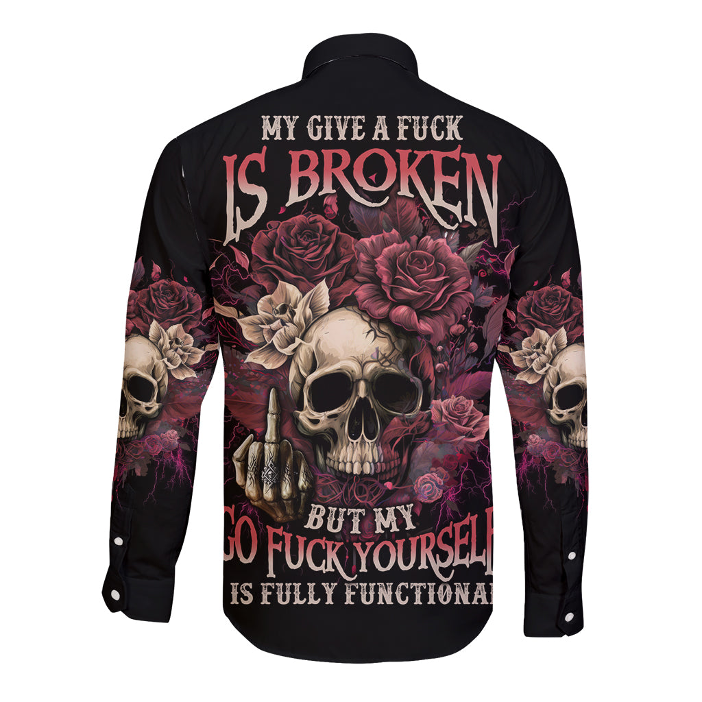 Black long-sleeve button shirt with back skull and rose graphic, dark text