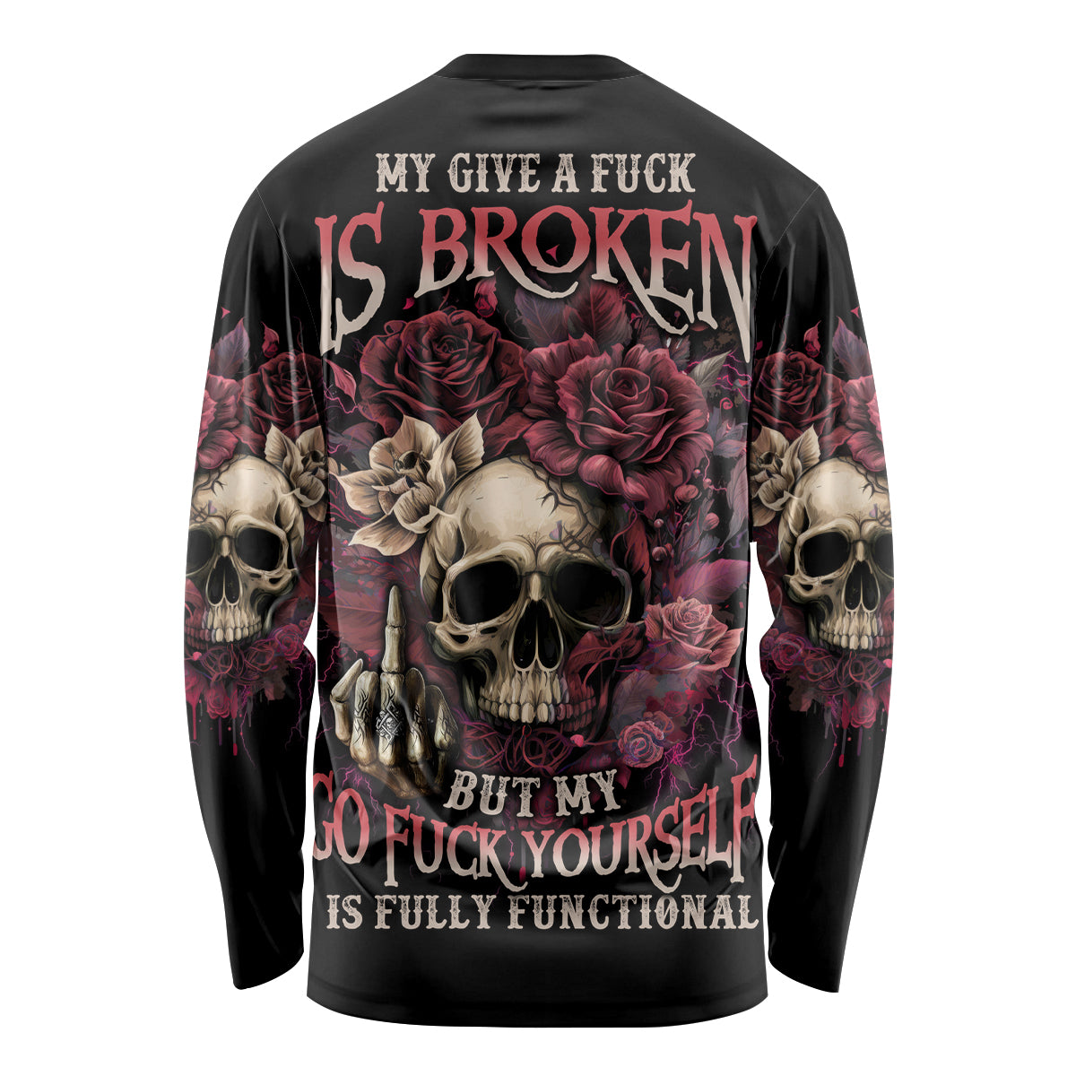 Black long-sleeve shirt with skull-and-rose graphic on back and bold text
