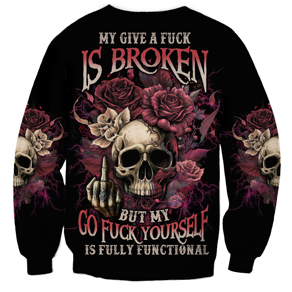 Unisex black crewneck sweatshirt, skull and roses graphic with bold back text.