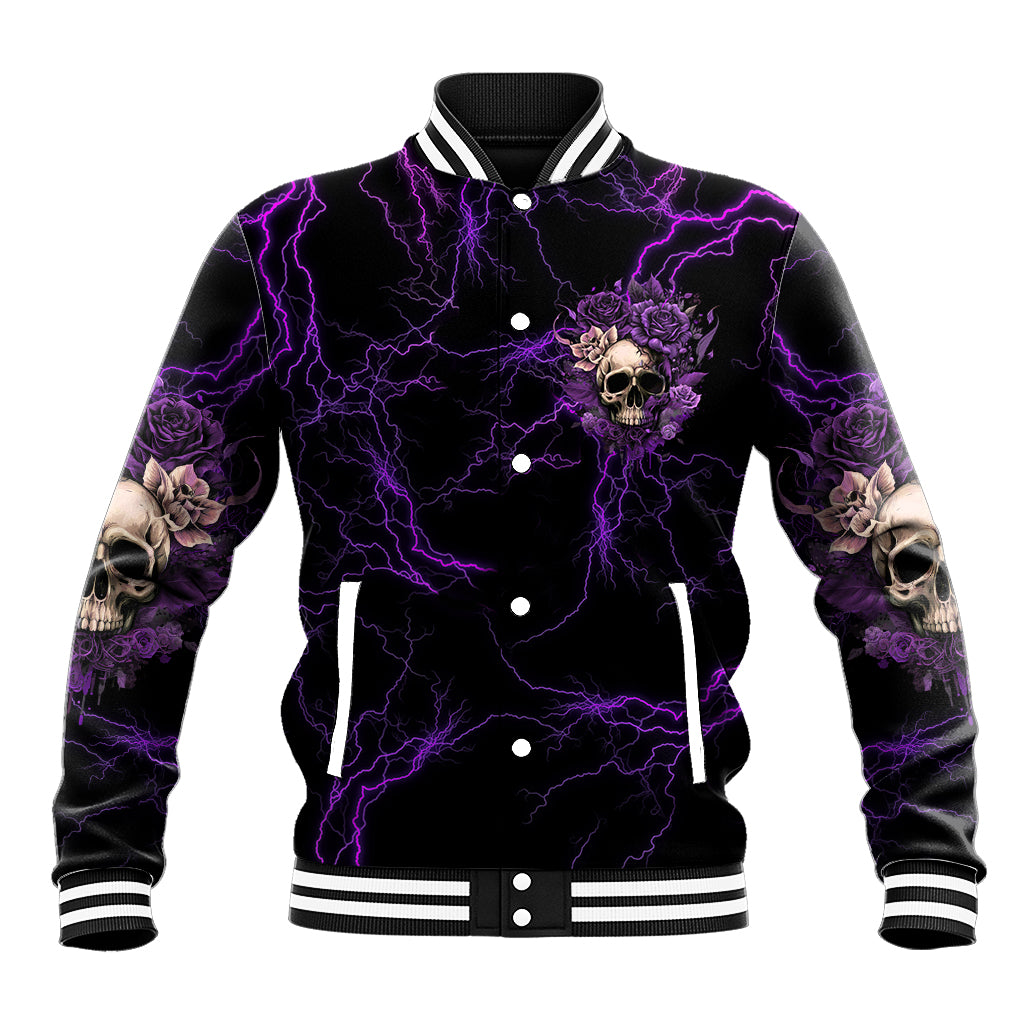 Black baseball jacket with purple lightning, skull rose chest graphic, button front, striped ribs