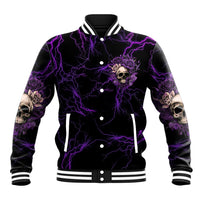 Black baseball jacket with purple lightning, skull rose chest graphic, button front, striped ribs