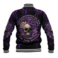 Black baseball jacket with purple lightning, skull and rose graphic, striped ribbed collar
