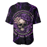 Black baseball jersey with purple lightning, roses, and skull graphic on back