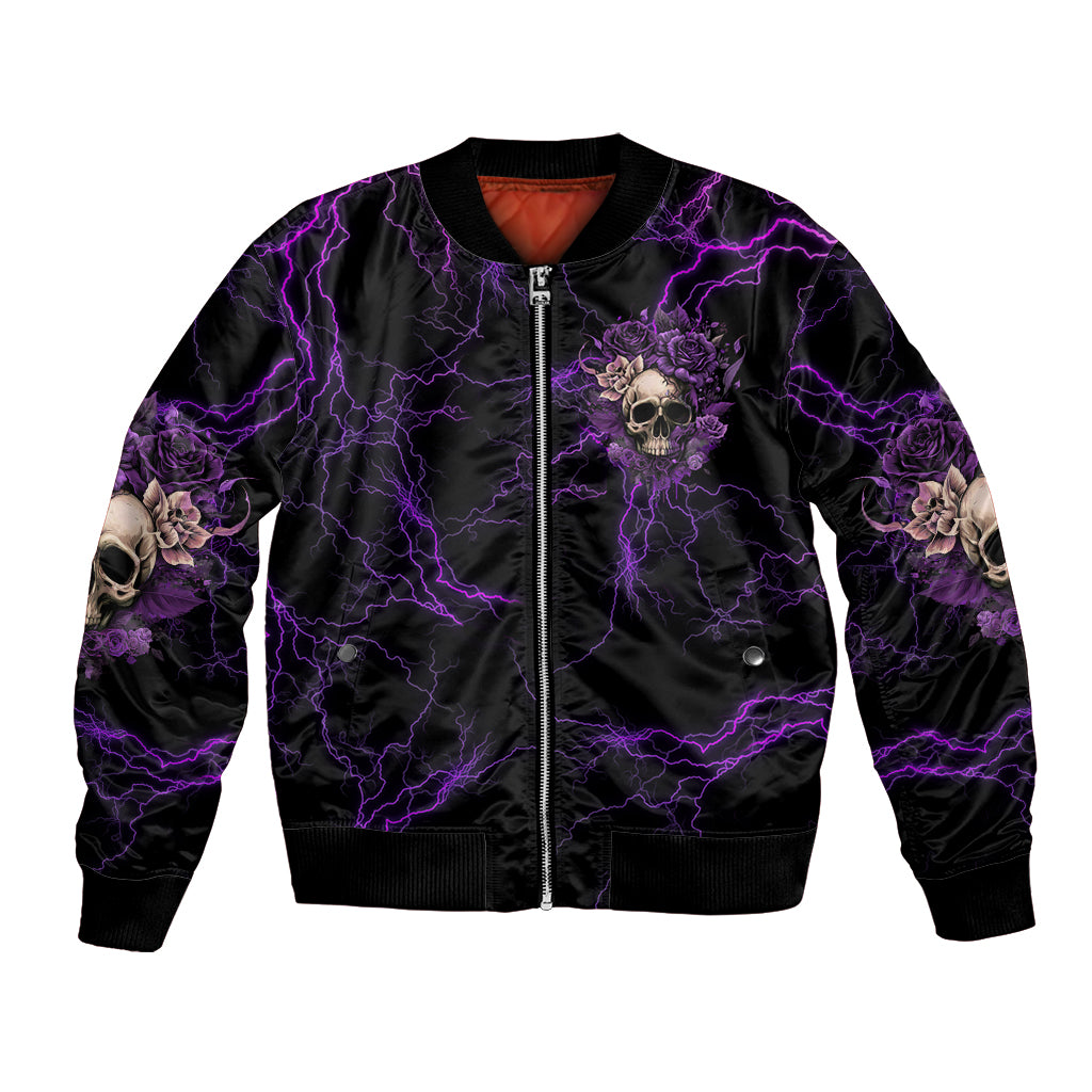 Black zip bomber jacket with purple lightning pattern, rose skull chest emblem, ribbed hem