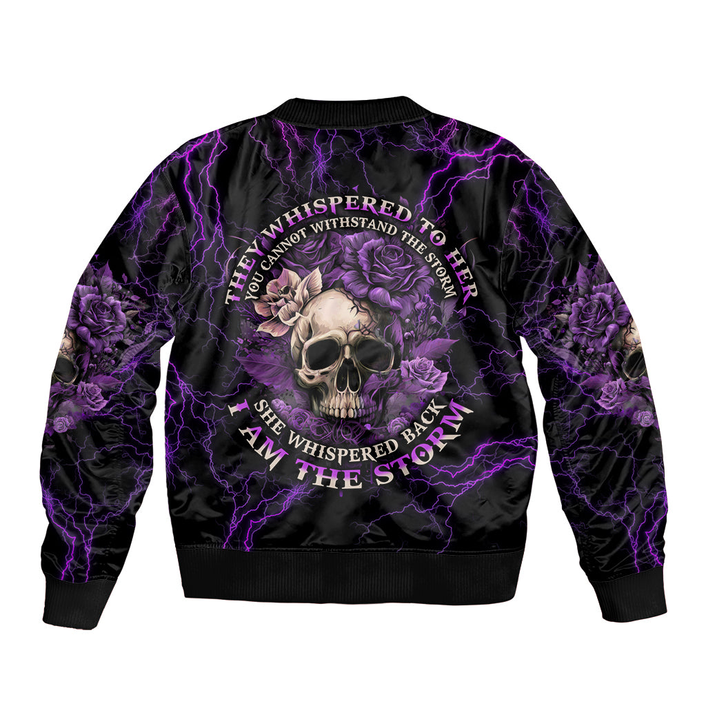 Black bomber jacket with purple lightning, roses, and skull back graphic, ribbed cuffs