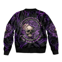 Black bomber jacket with purple lightning, roses, and skull back graphic, ribbed cuffs