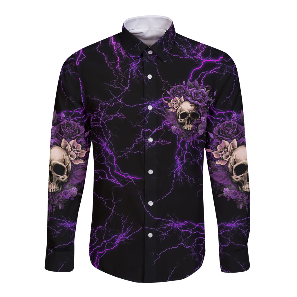 Long-sleeve button shirt, black with purple lightning; front skull-and-rose emblem