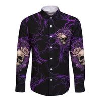 Long-sleeve button shirt, black with purple lightning; front skull-and-rose emblem