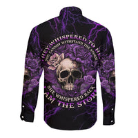 Long-sleeve button shirt, black with purple lightning; skull-and-rose graphic on back