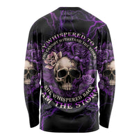 Black long-sleeve shirt with purple skull, roses, and electric lightning print