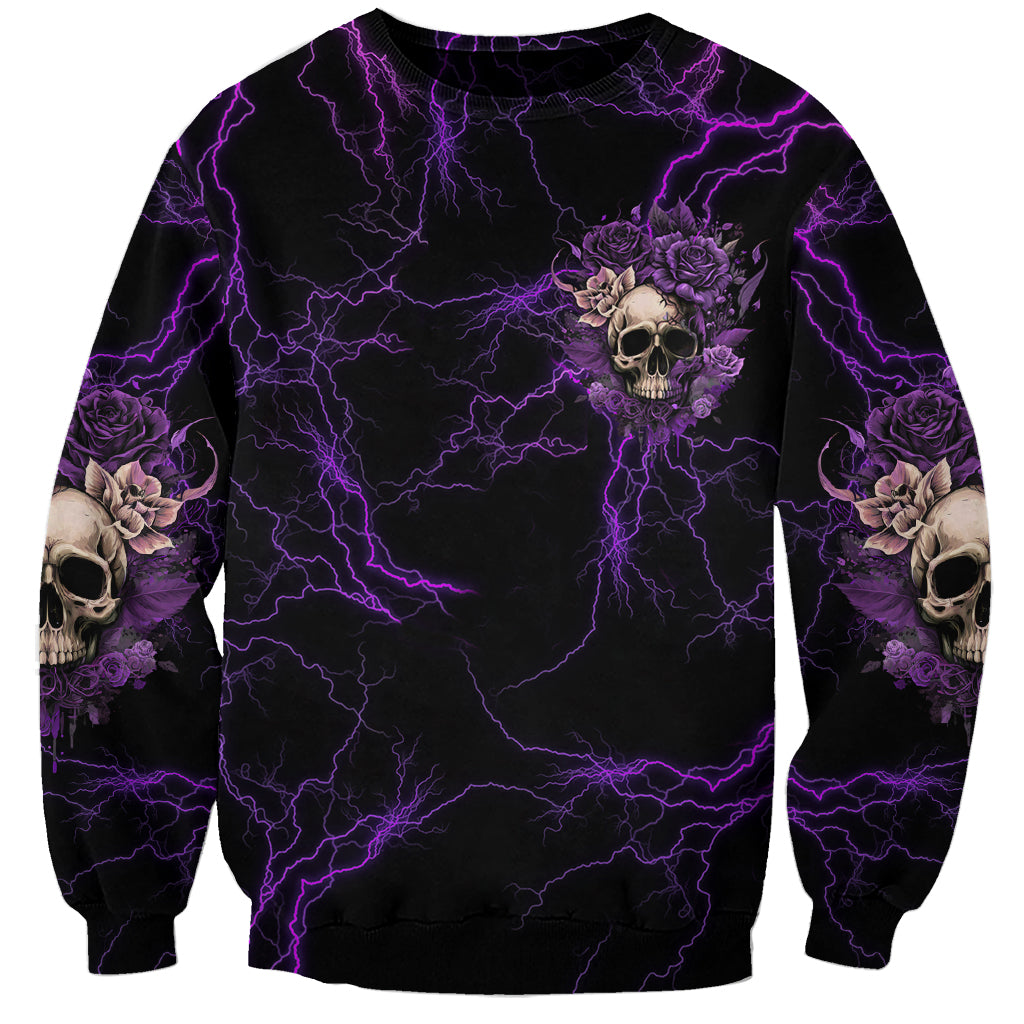 Unisex black sweatshirt with purple lightning, skull and roses, and skull on sleeve