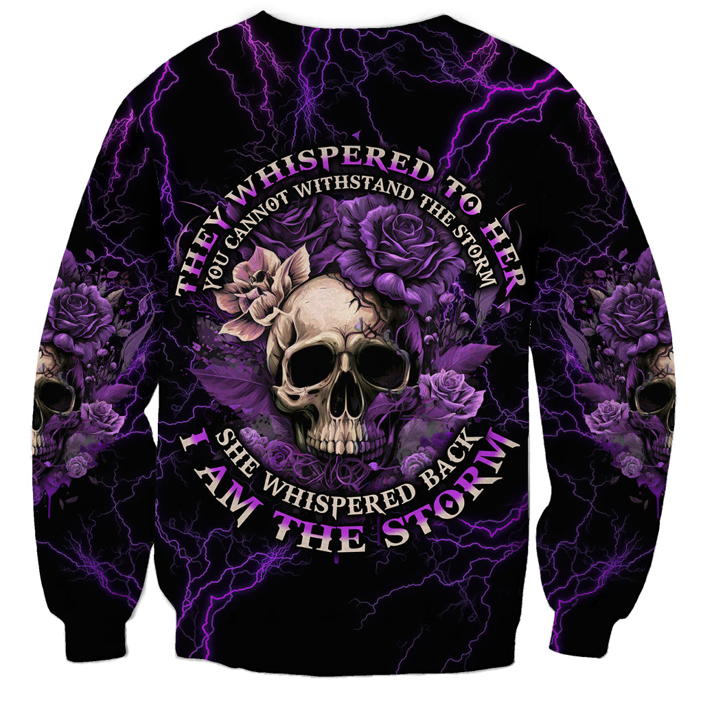 Unisex black sweatshirt with central skull, purple roses, and lightning graphics
