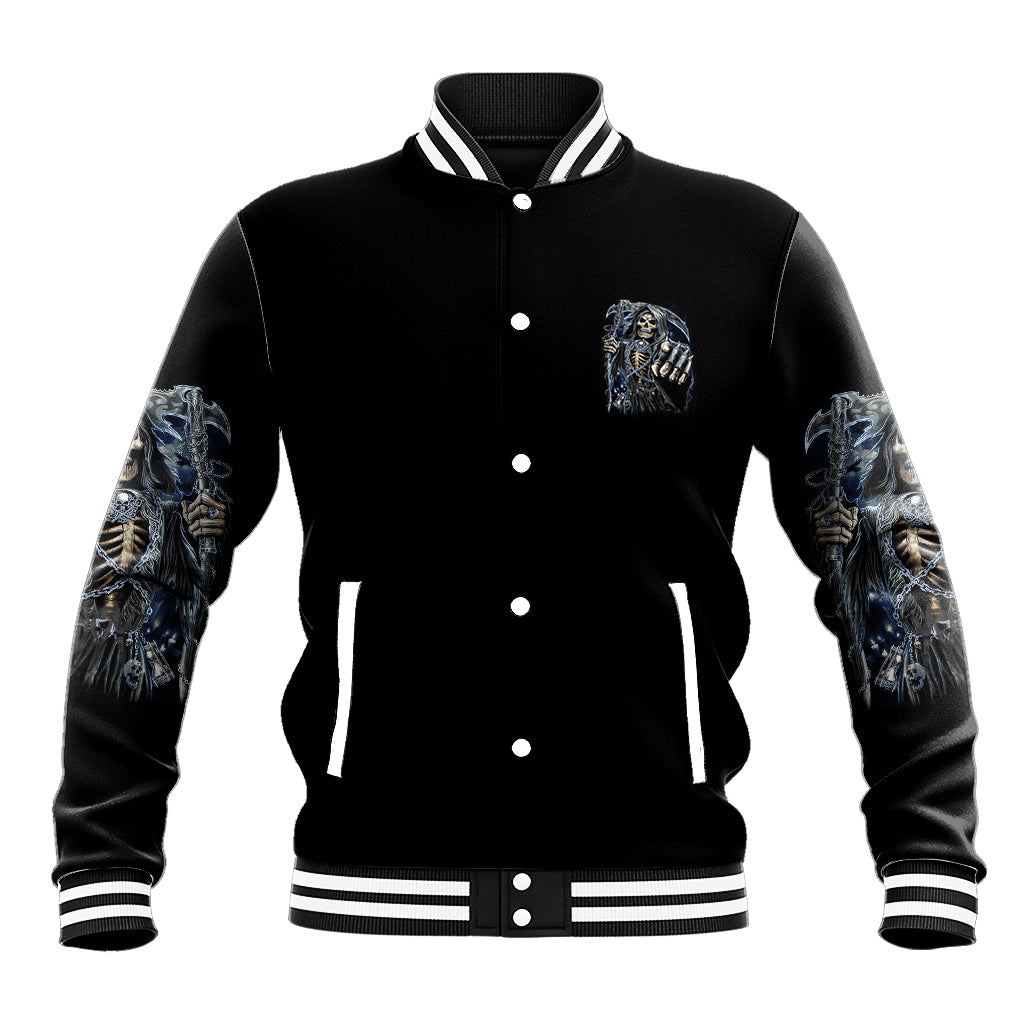 Black baseball jacket with blue skull emblem on chest and sleeve graphic, snap front