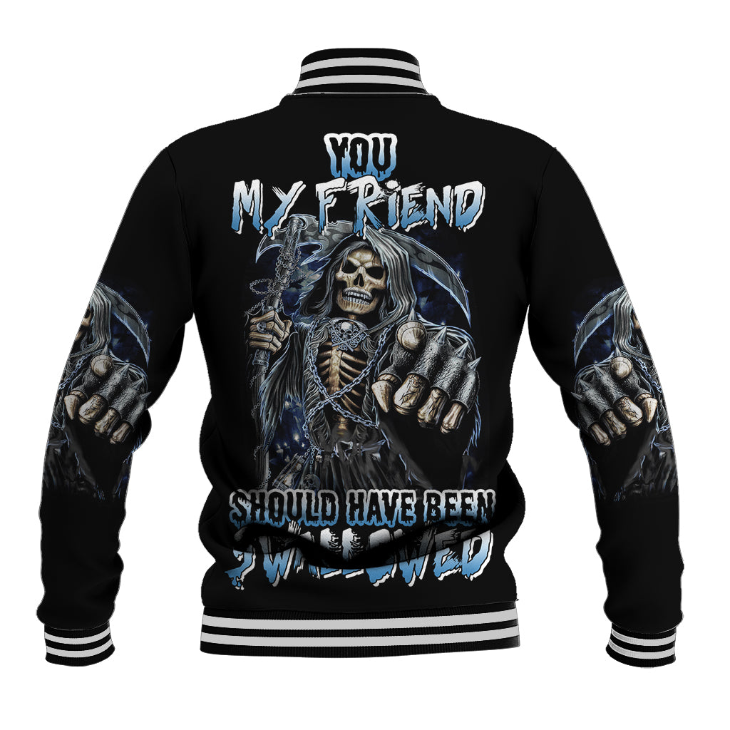 Black baseball jacket with blue skull graphic on back and striped ribbed trim