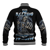 Black baseball jacket with blue skull graphic on back and striped ribbed trim