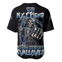 Black baseball jersey with colorful skull 'My Friend' graphic and blue text on back