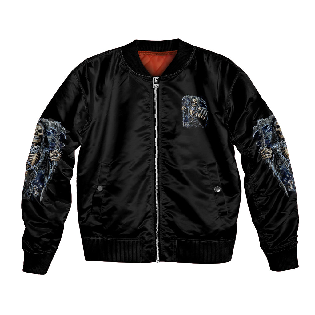 Black bomber jacket, front zipper, small chest graphic, blue-sleeve skull art