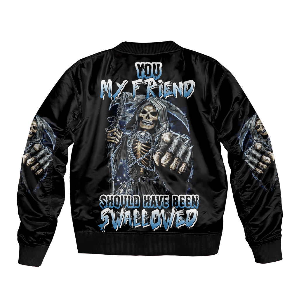 Black bomber jacket with ribbed collar and cuffs, large back skull graphic and text