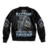 Black bomber jacket with ribbed collar and cuffs, large back skull graphic and text