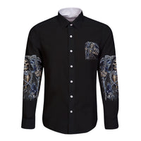 Black long-sleeve button shirt with skull chest emblem and blue sleeve print