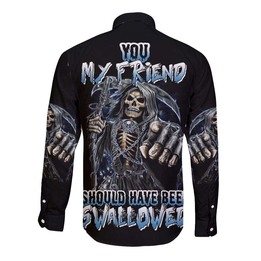 Black long-sleeve button shirt with skull graphic and blue text on back