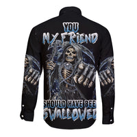 Black long-sleeve button shirt with skull graphic and blue text on back