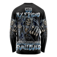 Black long sleeve shirt with large skeleton graphic and blue text print on back