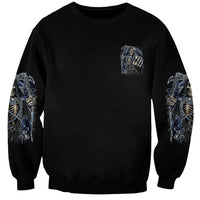 Unisex black sweatshirt with small blue skull chest print and matching sleeve graphics